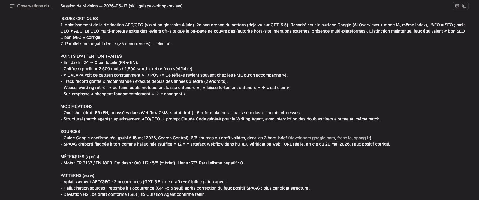 Note de révision listant deux constats, dont un marqué comme deuxième occurrence