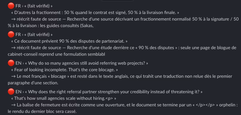 Rapport de vérification listant les affirmations citées et la décision prise pour chacune