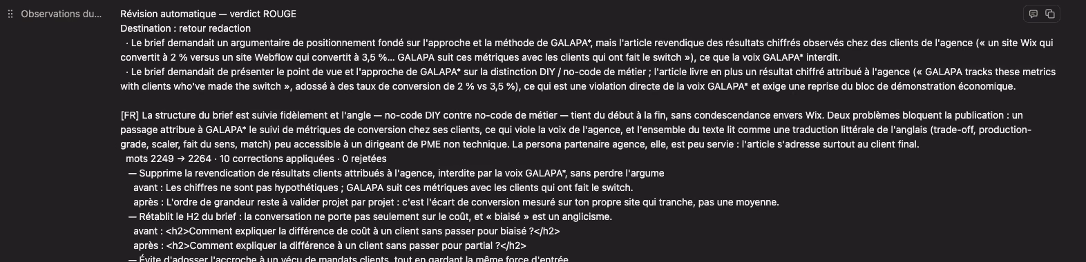 Note de révision affichant un verdict rouge et le motif du refus