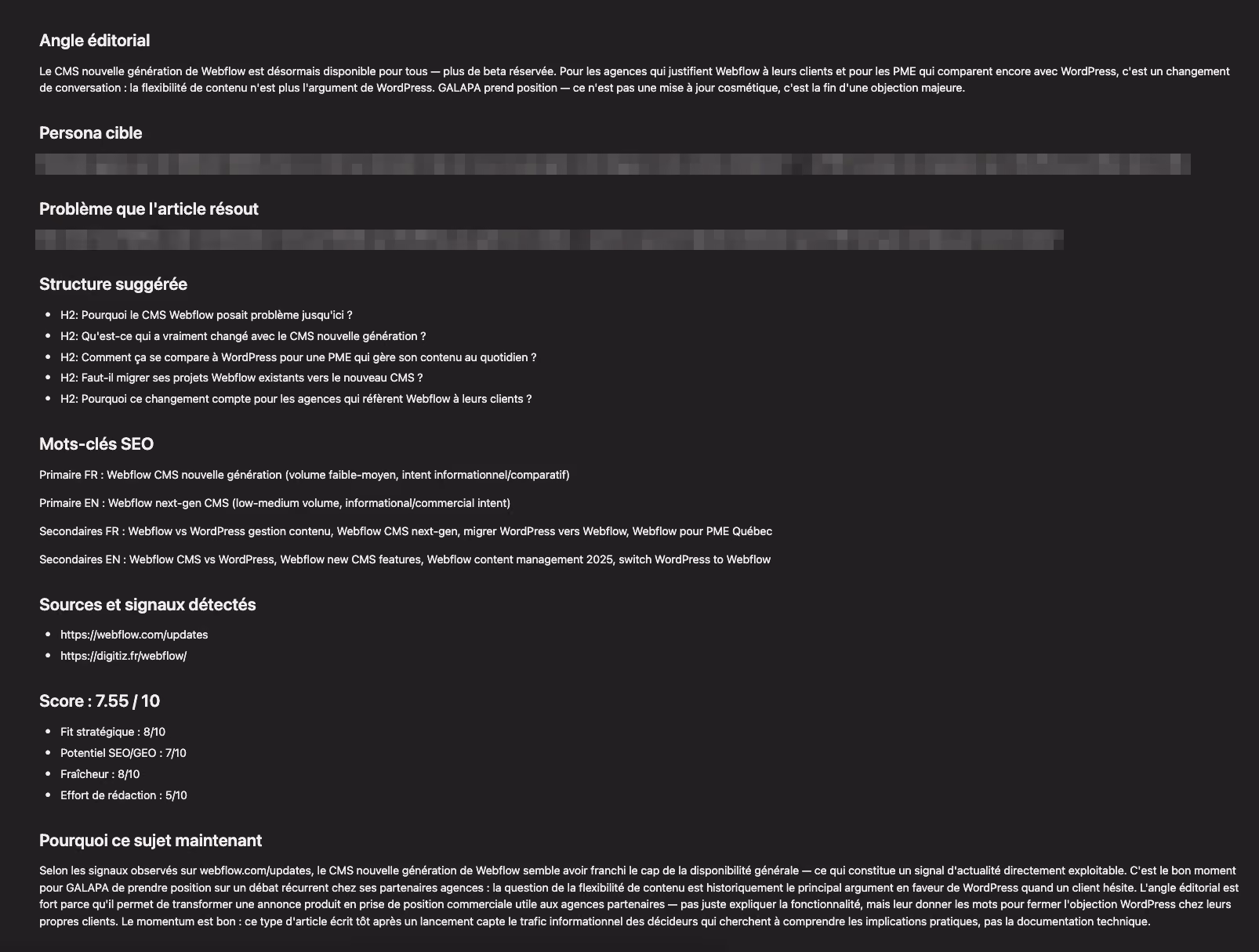 Structured content brief showing angle, audience and suggested outline
