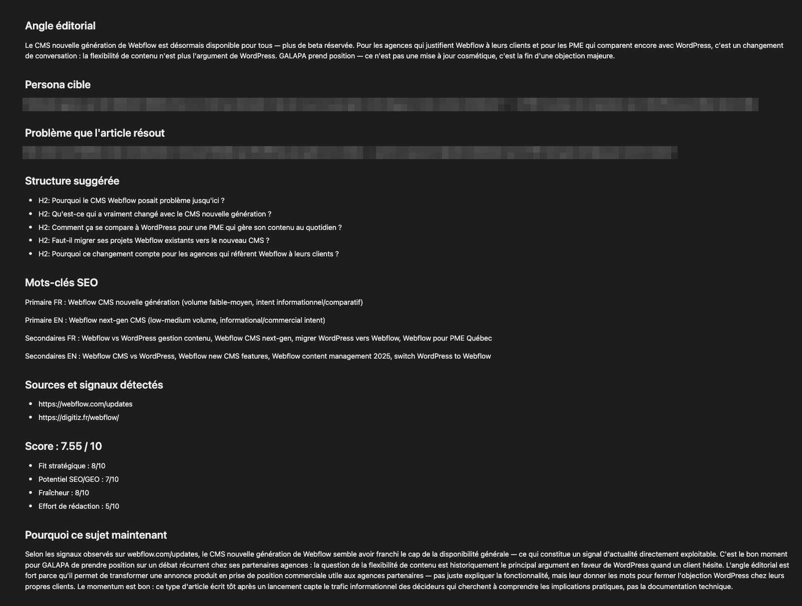 Brief de contenu structuré montrant l'angle, la persona et la structure suggérée