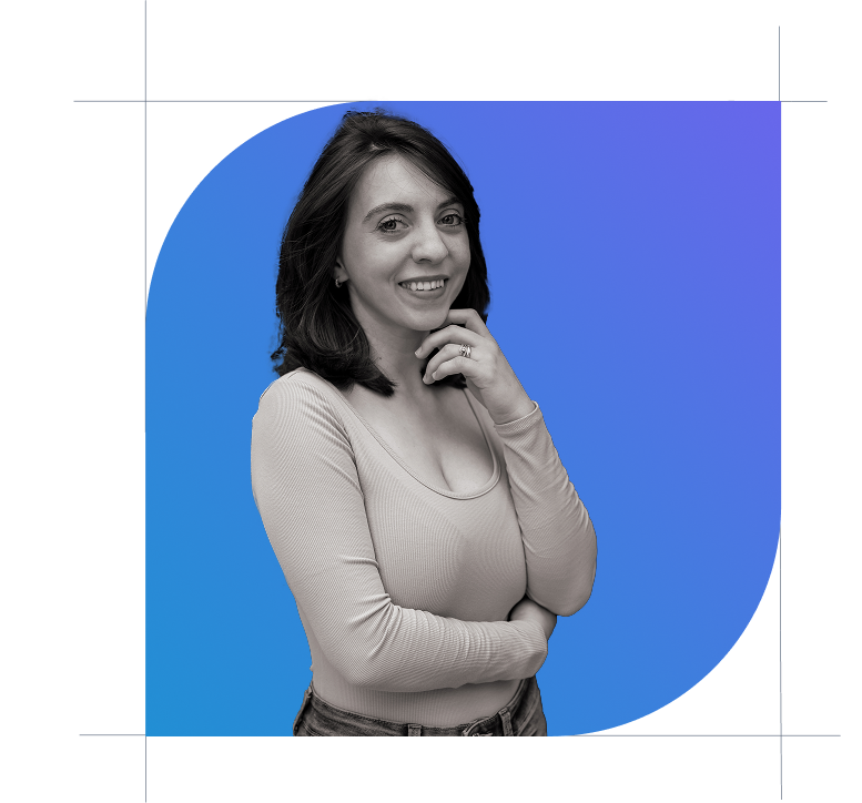 Clara Cristea, remote UX designer with a psychology background, smiling confidently against a modern blue gradient background.