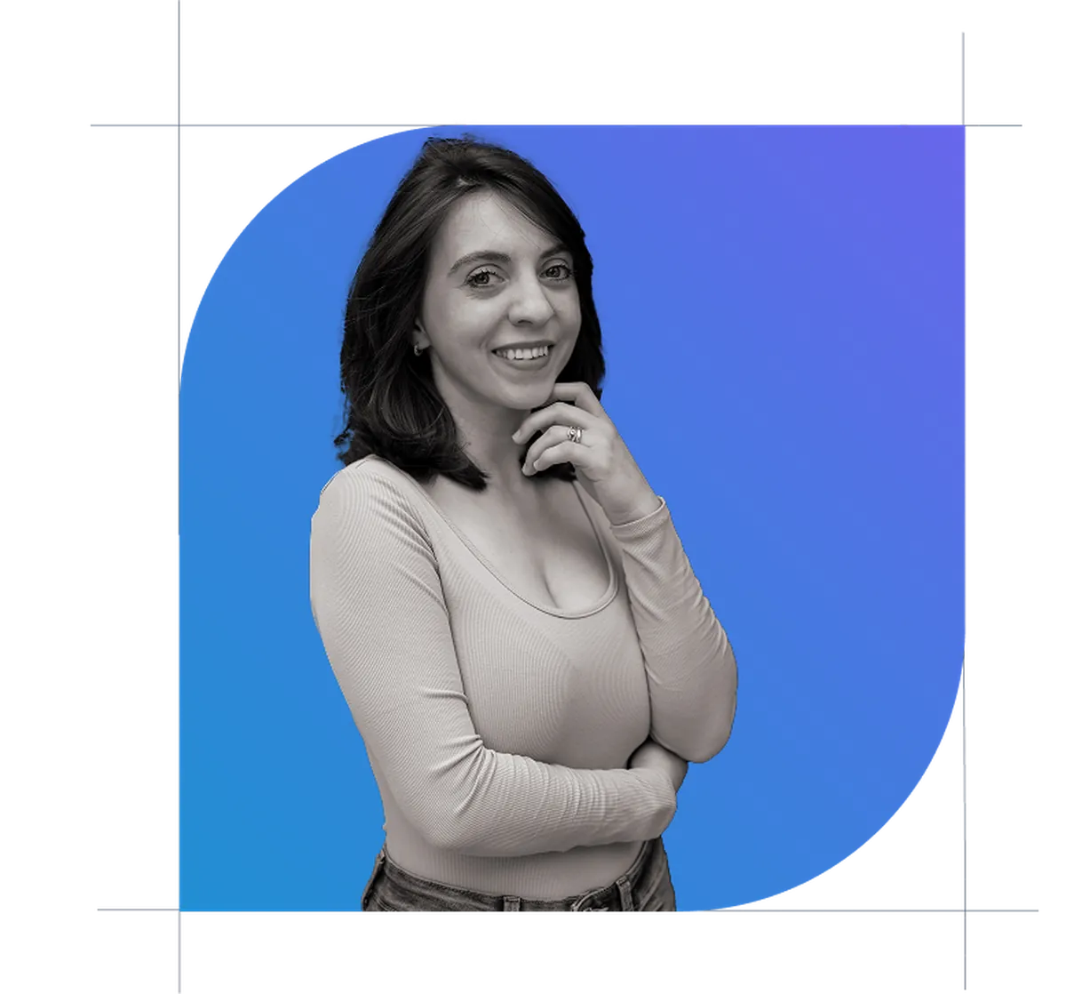 Clara Cristea, remote UX designer with a psychology background, smiling confidently against a modern blue gradient background.