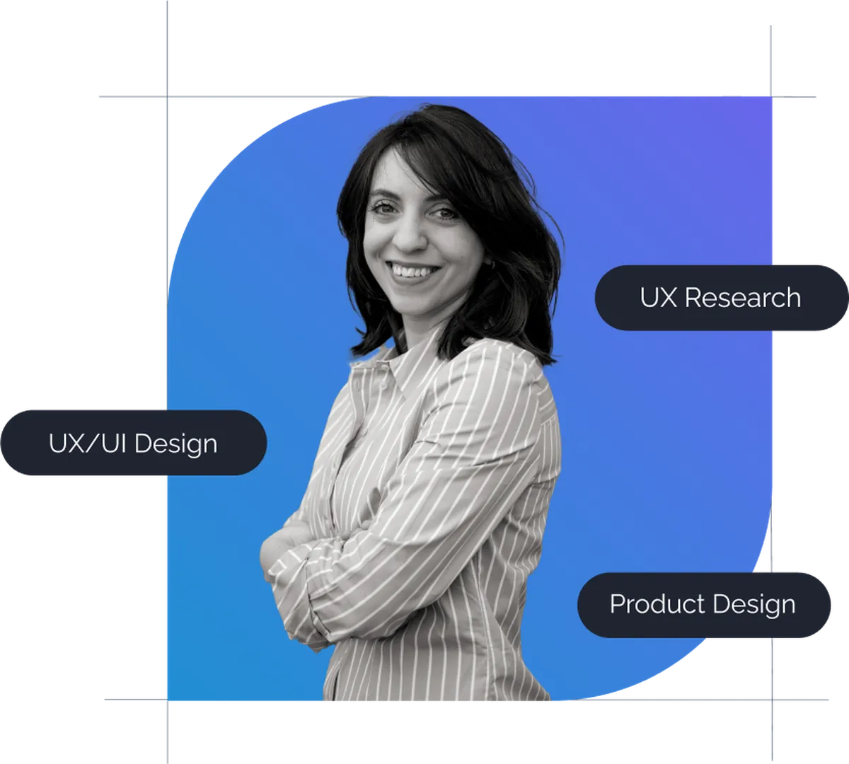 Clara Cristea, remote UX designer with a psychology background, smiling confidently in front of a blue gradient background with text labels reading UX/UI Design, UX Research, and Product Design.