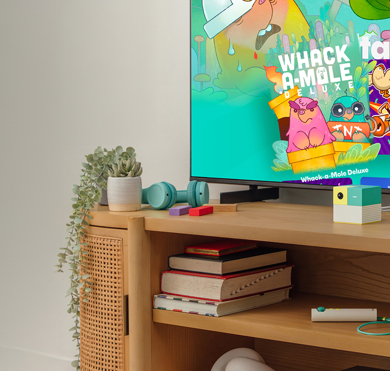 Media Console with a Playground and TV showing a game menu screen