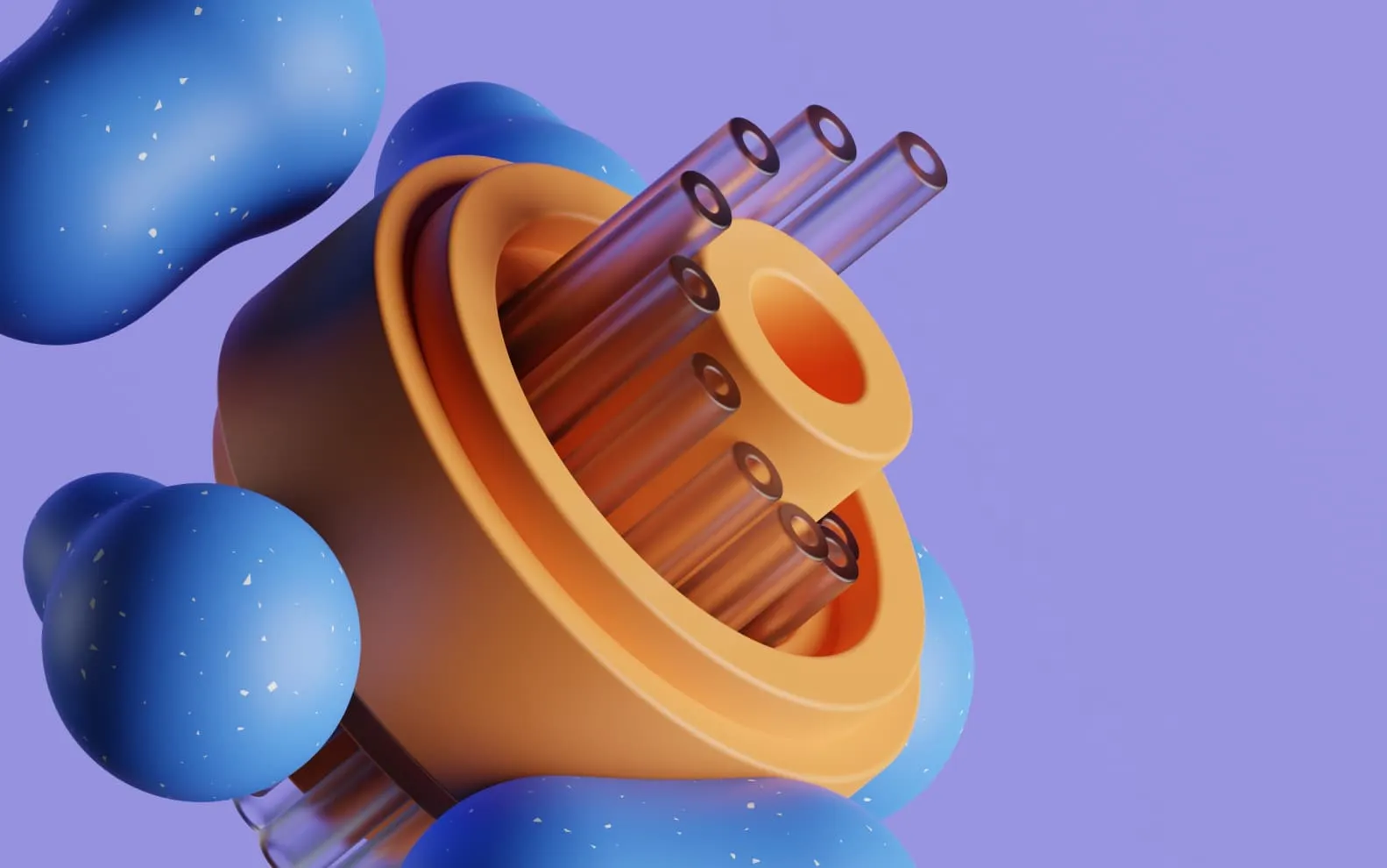 3D illustration of a yellow-orange cylindrical structure with transparent tubes protruding, surrounded by textured blue spheres on a purple background.