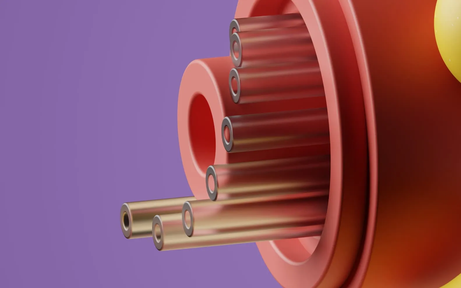 Close-up illustration of a red-orange fiber optic cable with multiple clear inner tubes containing optical fibers, set against a purple background.