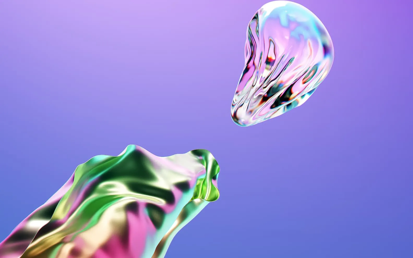 Abstract fluid-like shapes with iridescent green, pink, and blue hues floating on a gradient purple background.