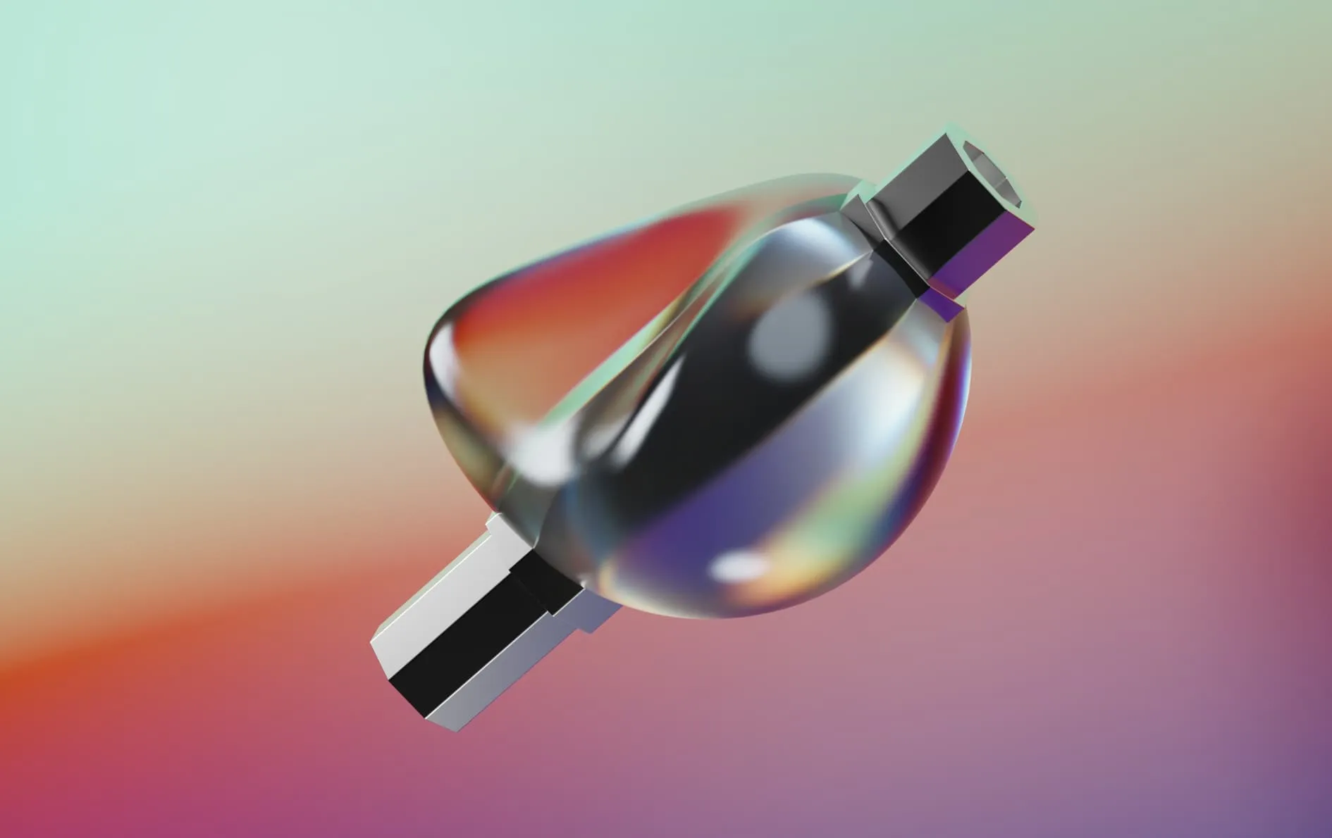 Abstract 3D rendering of a glossy, transparent, and metallic object with a hexagonal end set against a gradient background.