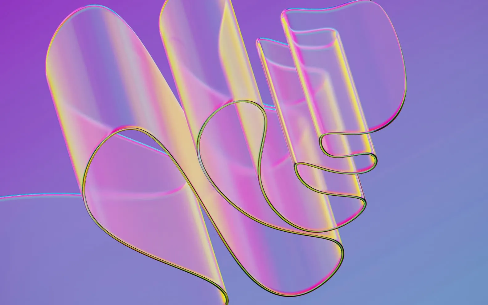 Translucent, flowing ribbon-like shapes with iridescent purple, pink, and yellow hues against a gradient blue and purple background.