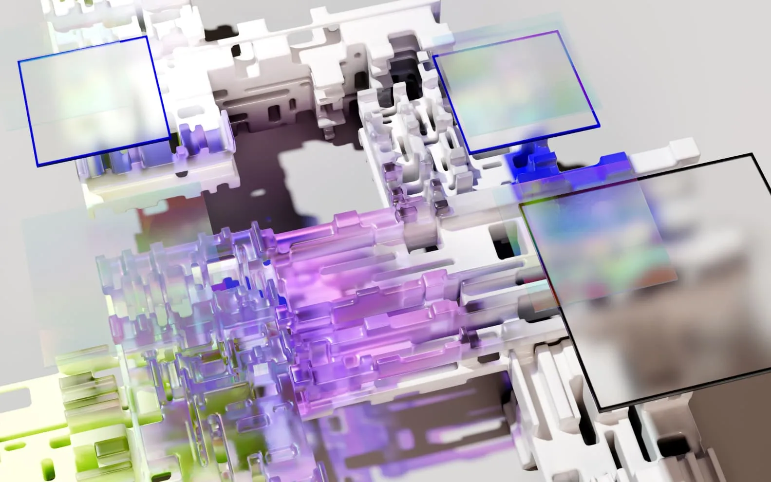 Abstract 3D digital structure with translucent purple, green, and blue blocks and layered geometric shapes.