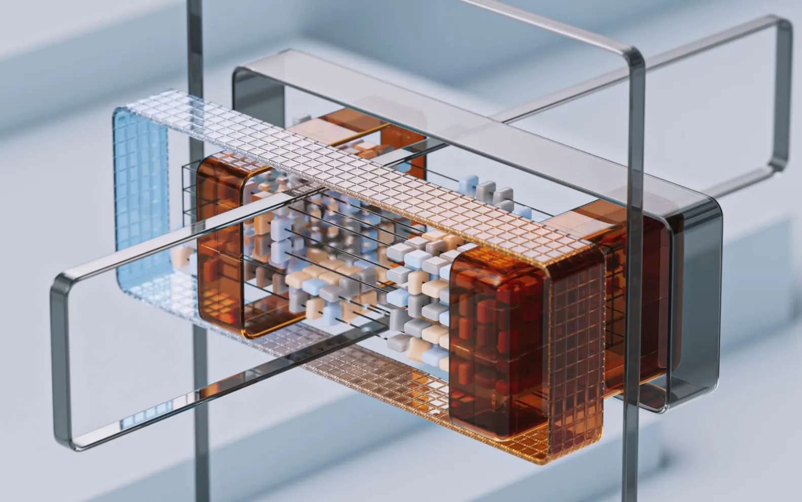 3D abstract transparent structure with interconnected cubes and rods in blue, amber, and gray tones.