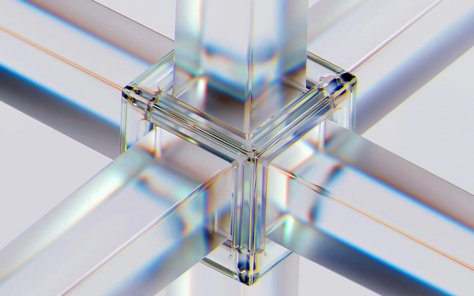 Close-up of four transparent glass rods intersecting at right angles, creating a prism-like effect with light refraction and subtle rainbow colors.