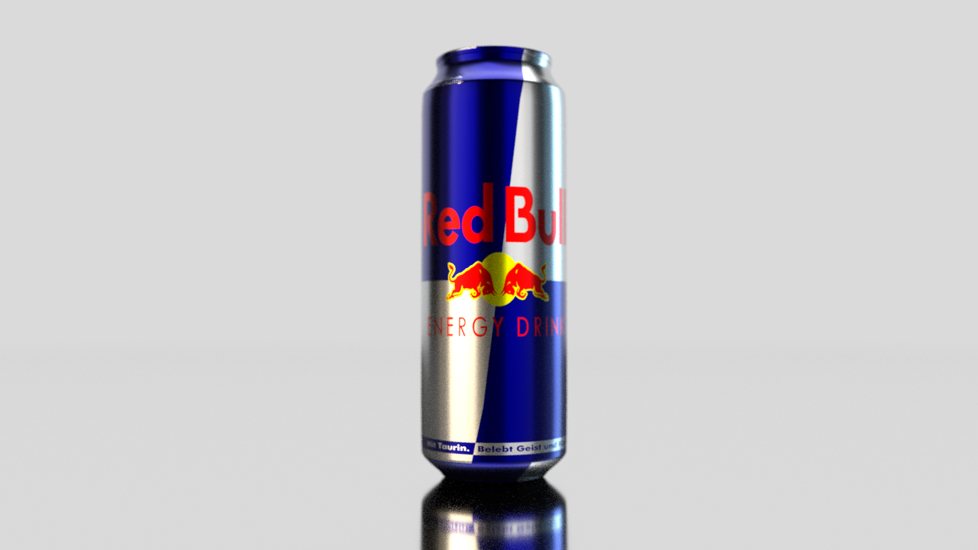 Can of Red Bull energy drink with blue and silver design on a reflective surface.