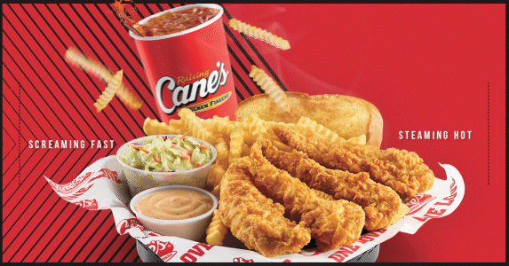 A basket of food with a can of Cane's sauce and fries.