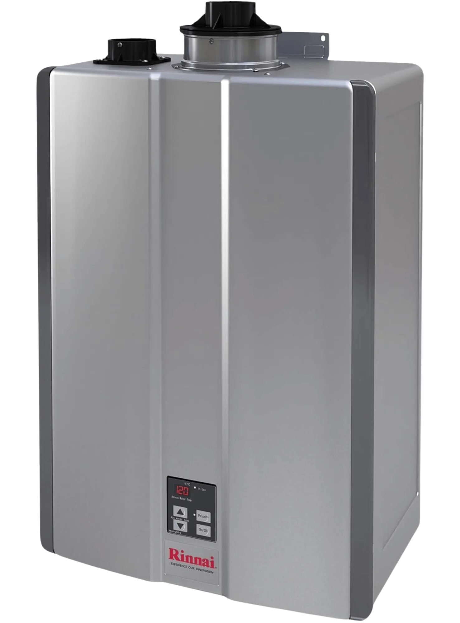 A silver and black Rinnai tankless water heater.
