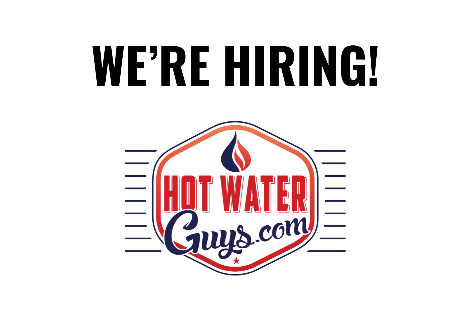 a graphic of the hot water guys logo featuring a 'we're hiring' text.