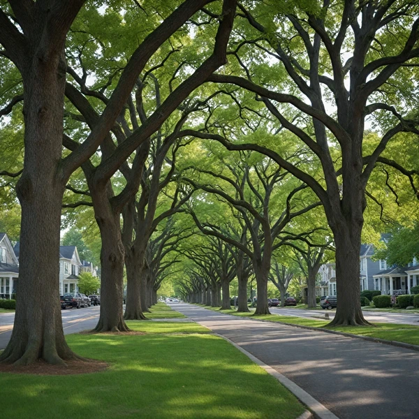 Well-maintained mature trees lining a residential street, showcasing the environmental benefits of professional tree care in Tulsa