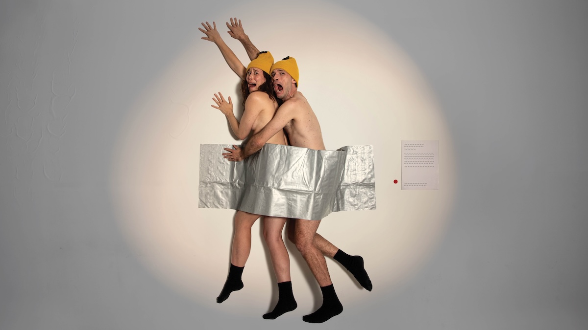 How to Art - Edinburgh Fringe 2026 - Image of two performers taped to wall, referencing Comedian by Maurizio Cattelan.