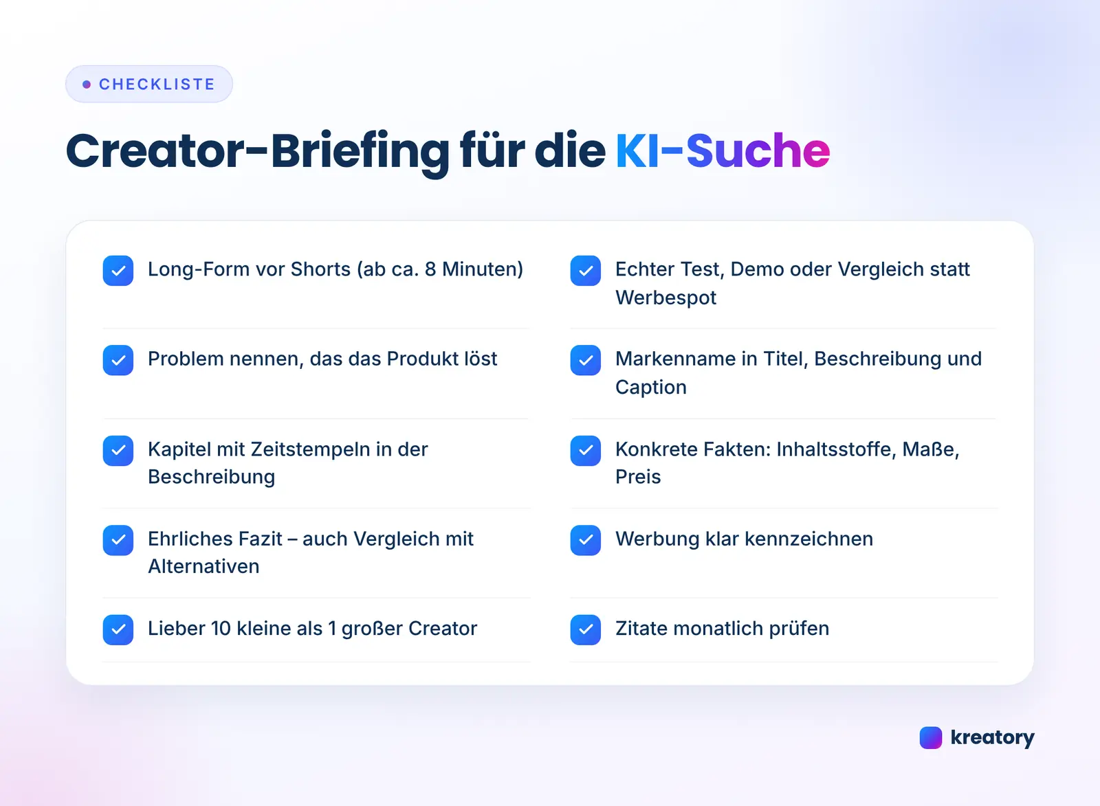Checkliste Creator-Briefing für KI-Suche: Long-Form, echter Test, Markenname in Titel und Beschreibung, Kapitel, Fakten, Kennzeichnung