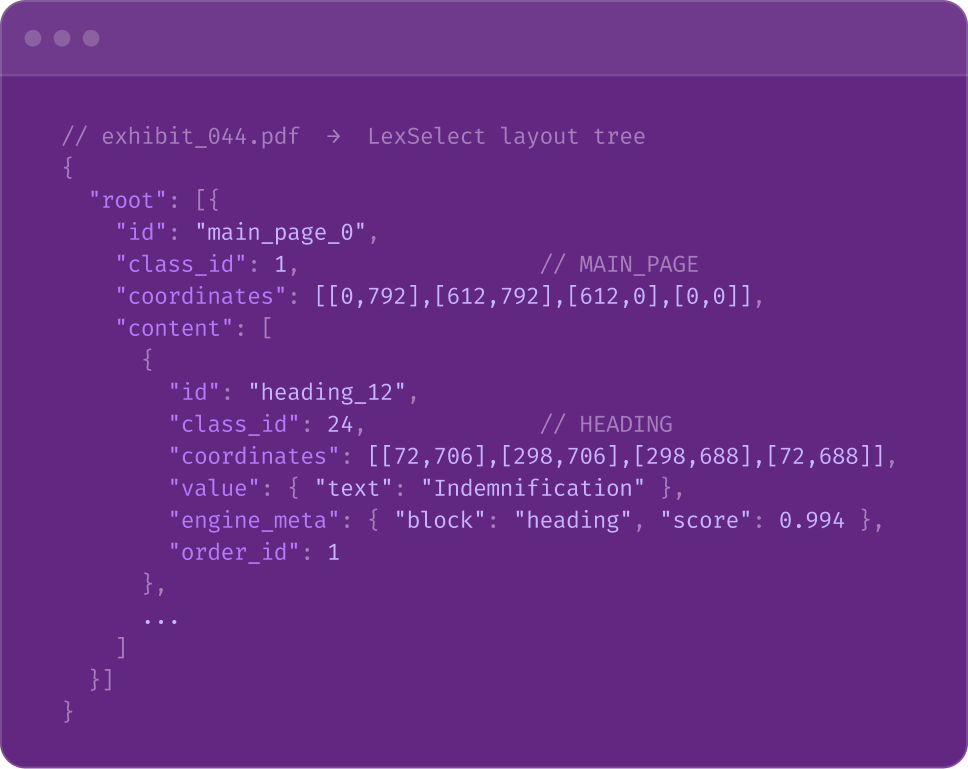 Parsed document table returned by the LexSelect API