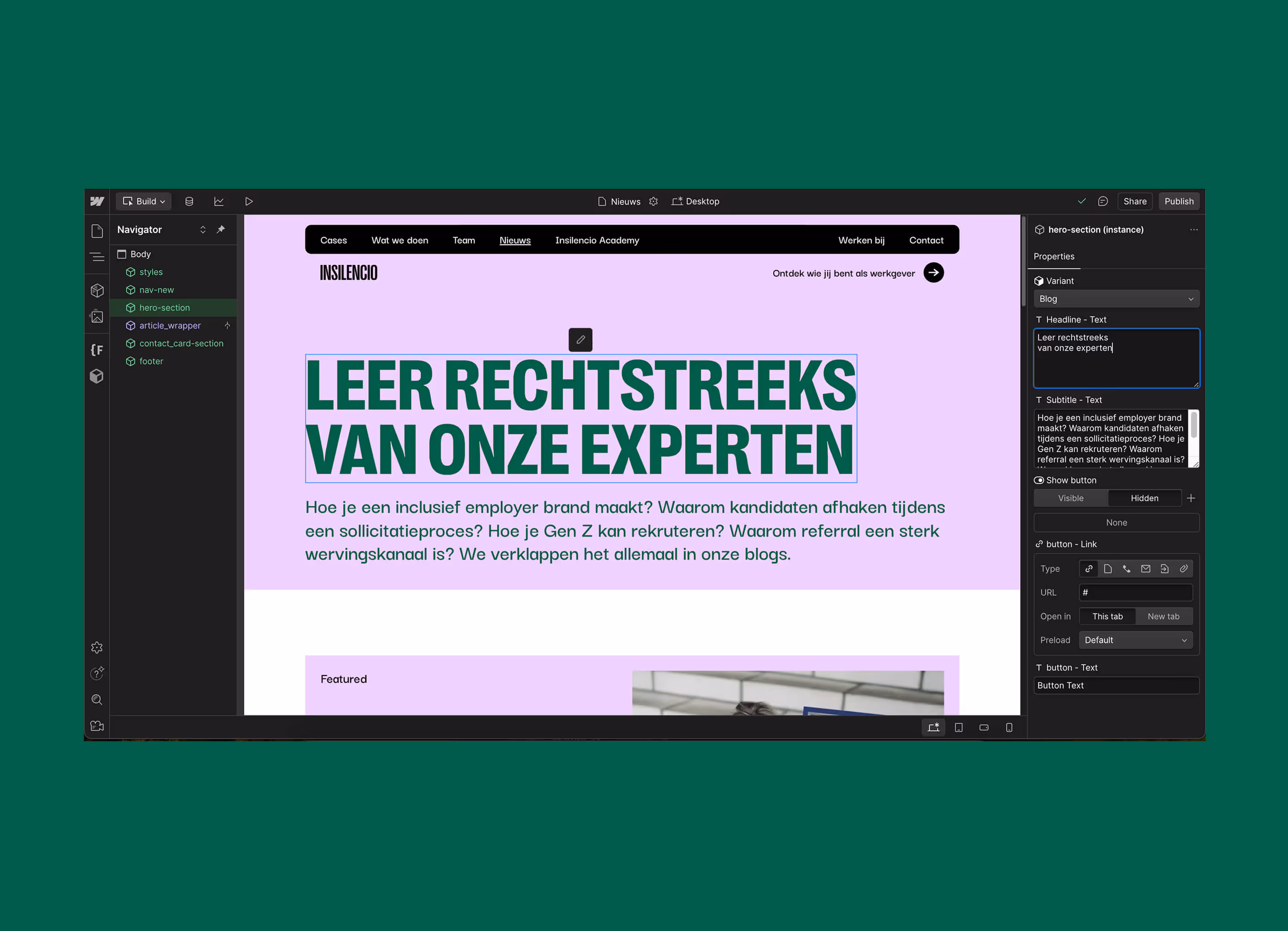Web page design in Webflow editor.