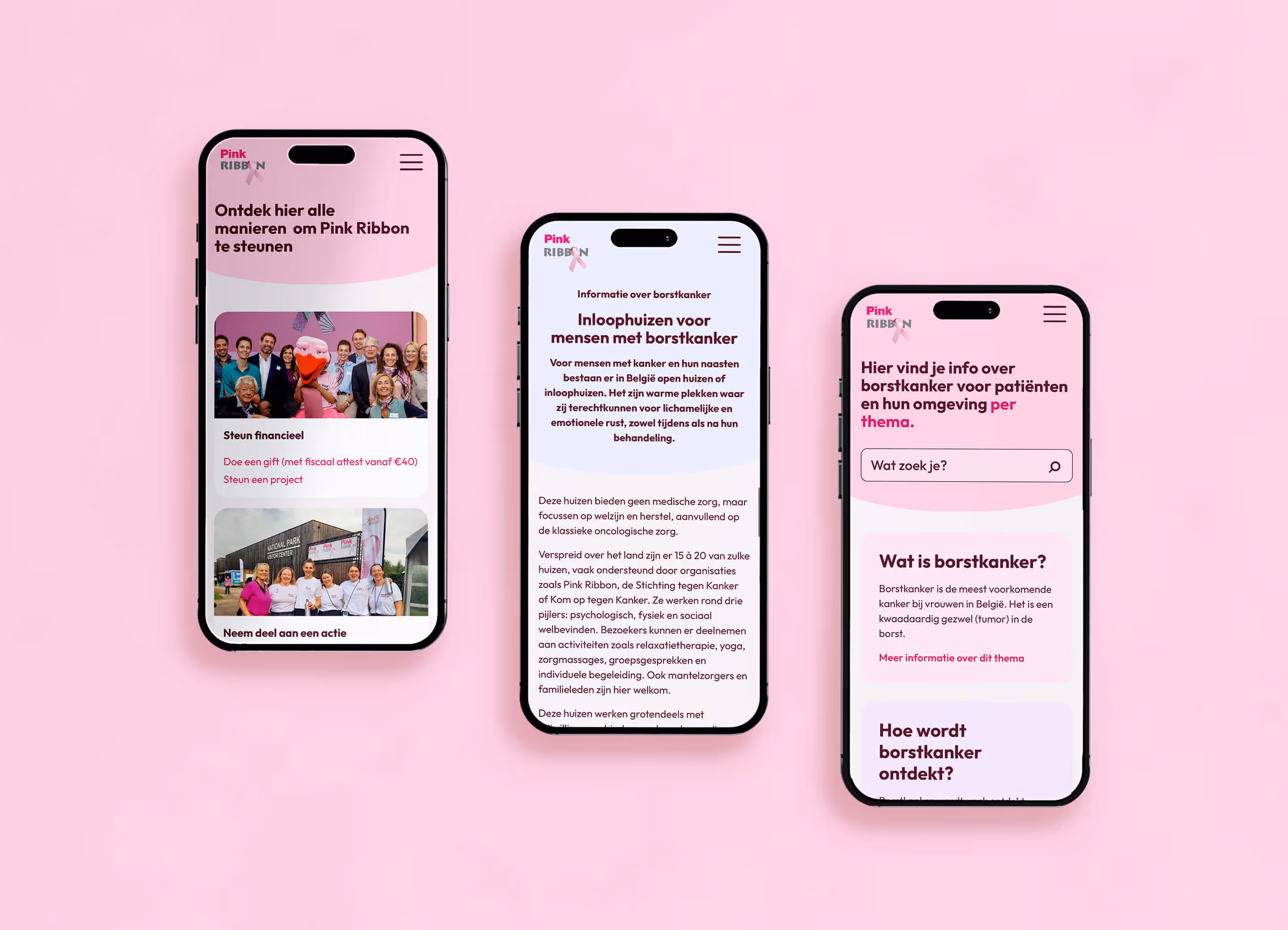 Drie iphones met verschillende pagina's van de Pink Ribbon website