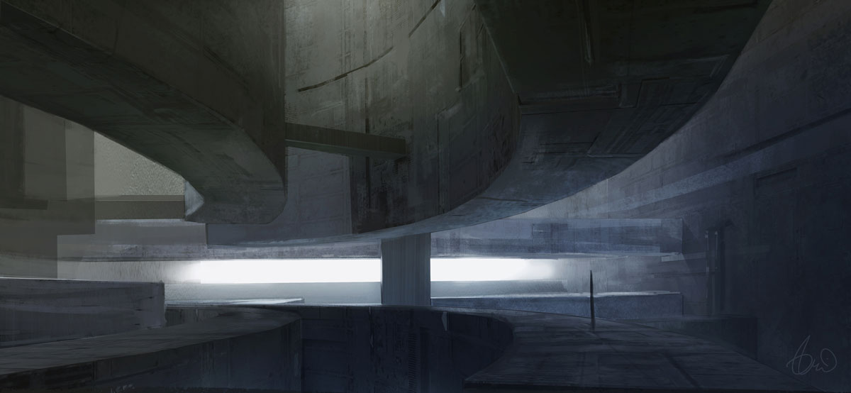 Dark, abstract architectural interior with curved concrete structures and a bright horizontal light source in the center.