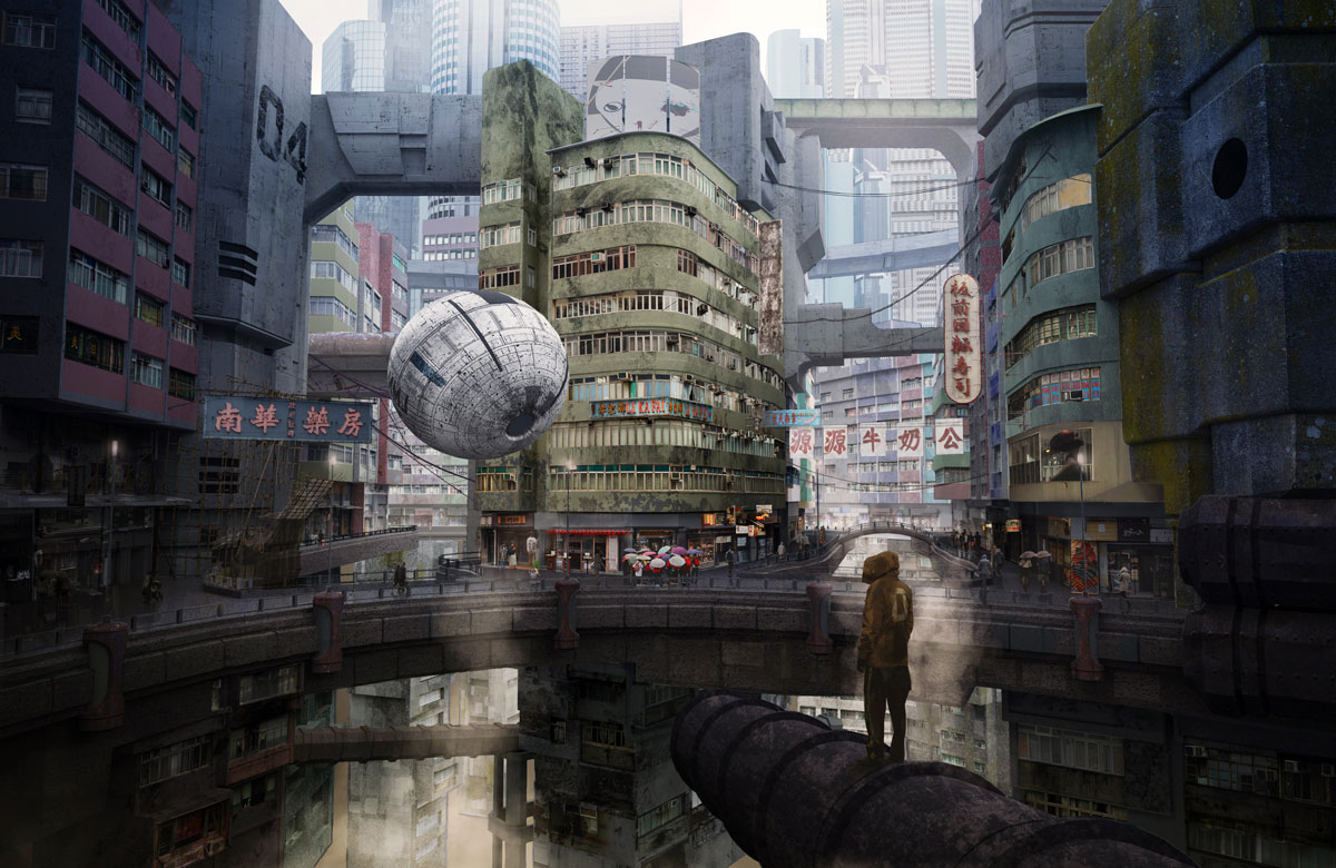 Futuristic urban cityscape with worn high-rise buildings, a floating spherical drone, and a person in a hooded jacket standing on a large pipe above a bridge.