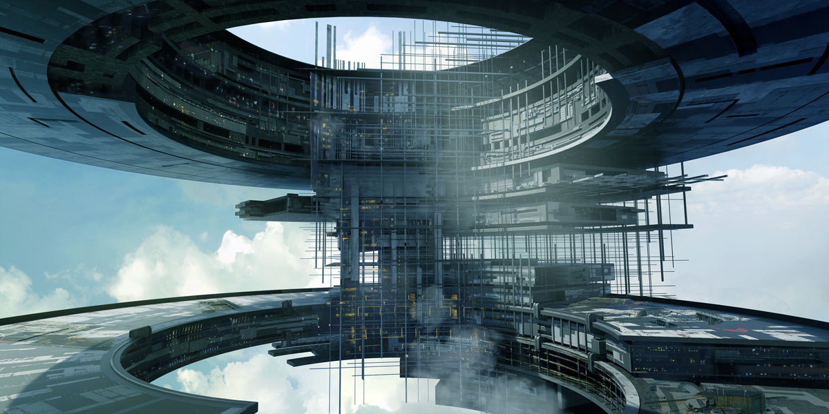 Futuristic circular space station with intricate structural framework and clouds in the background.