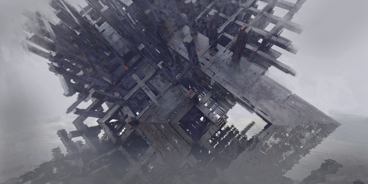 Abstract, dark geometric structure partially submerged in reflective water with a misty background.