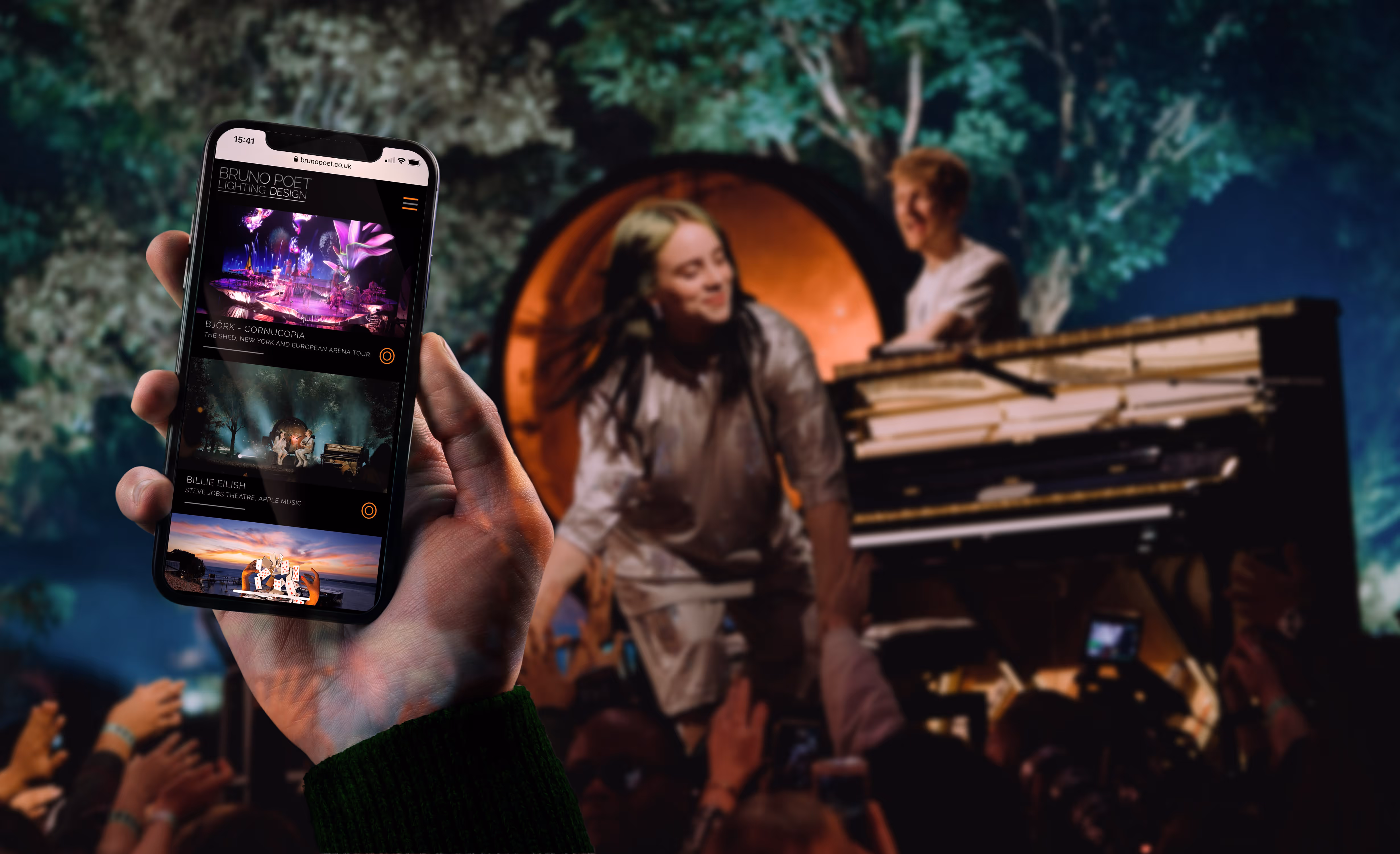 Mobile version highlighting lighting for Billie Eilish at Apple Music Event