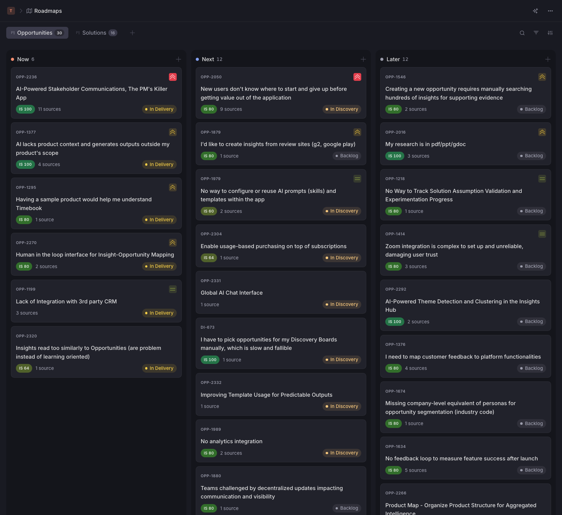 A stylised screen of the Timebook software showing a Now, Next, Later, Done roadmap board with opportunities and solutions.
