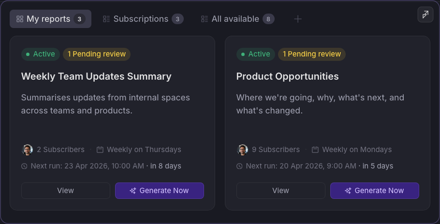 Timebook's Reports page: My reports with active schedules, subscriber counts, and next run times for each report.