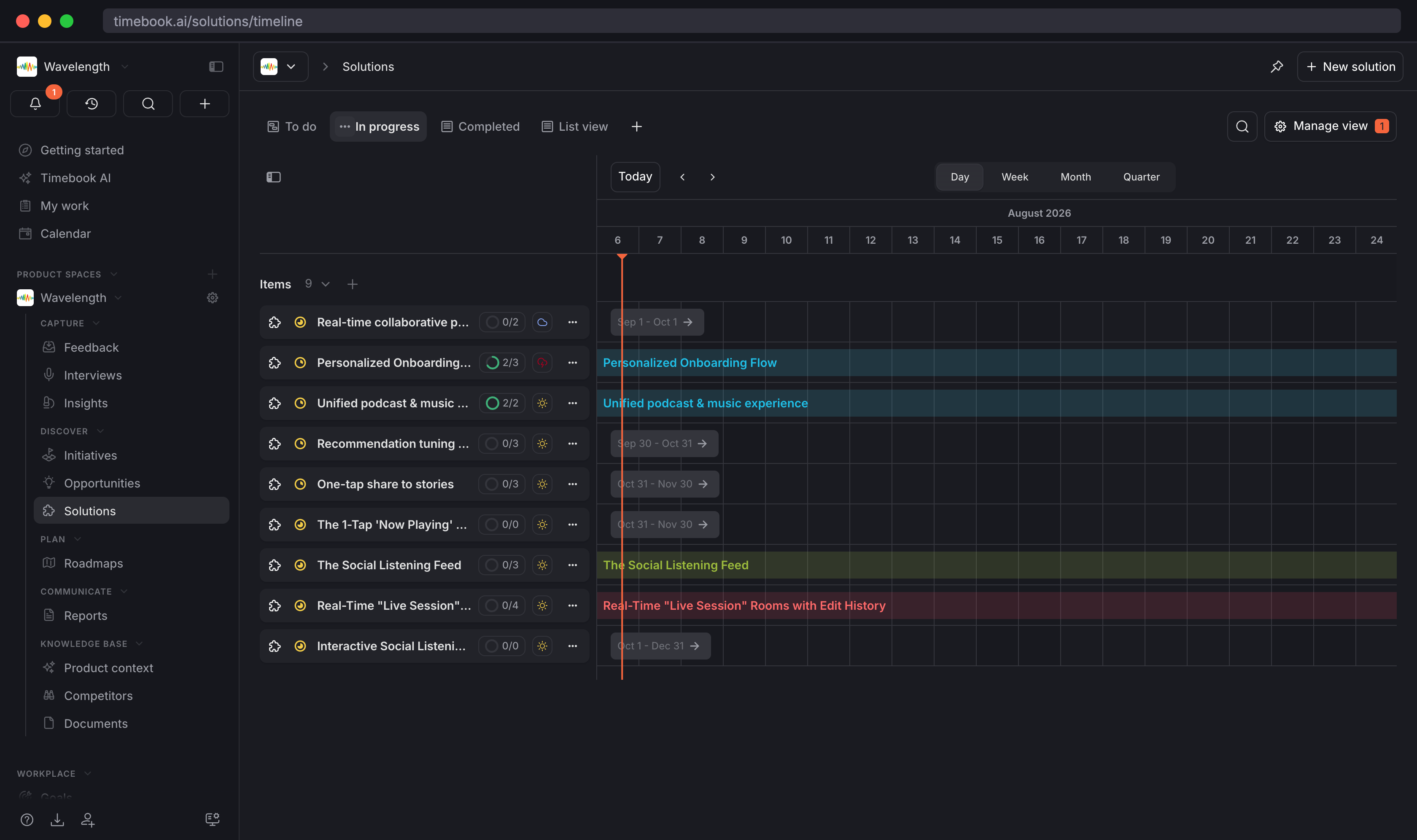 Assign date-ranges to any of your "output" objects in Timebook (Solutions, Stories, Projects, etc) and instantly render them on a Gantt-style date chart.
