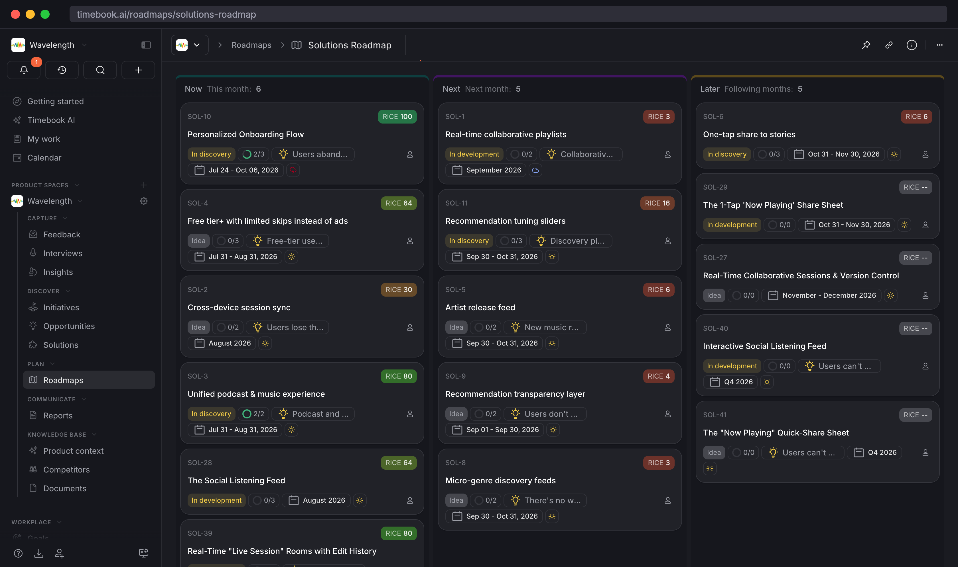 Map your planning items at any level ( Opportunities, Solutions, Projects, Features, Epics) to indicative time-horizons, so everyone knows where your focus is without the distraction of spurious accuracy.