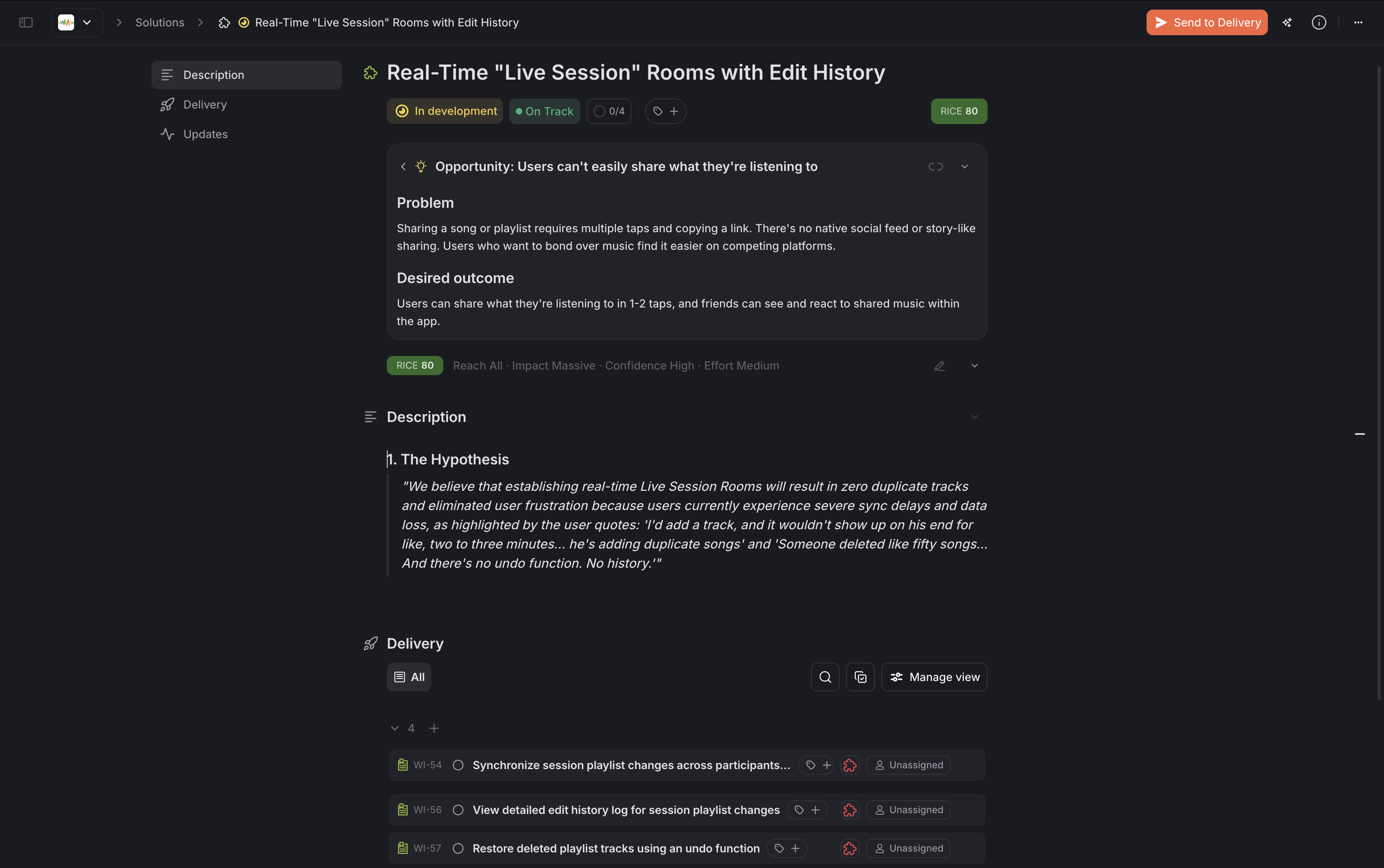 Detailed view of a Timebook Solution ("Real-Time 'Live Session' Rooms with Edit History") showing its linked Opportunity, test hypothesis, RICE score, and delivery work items.
