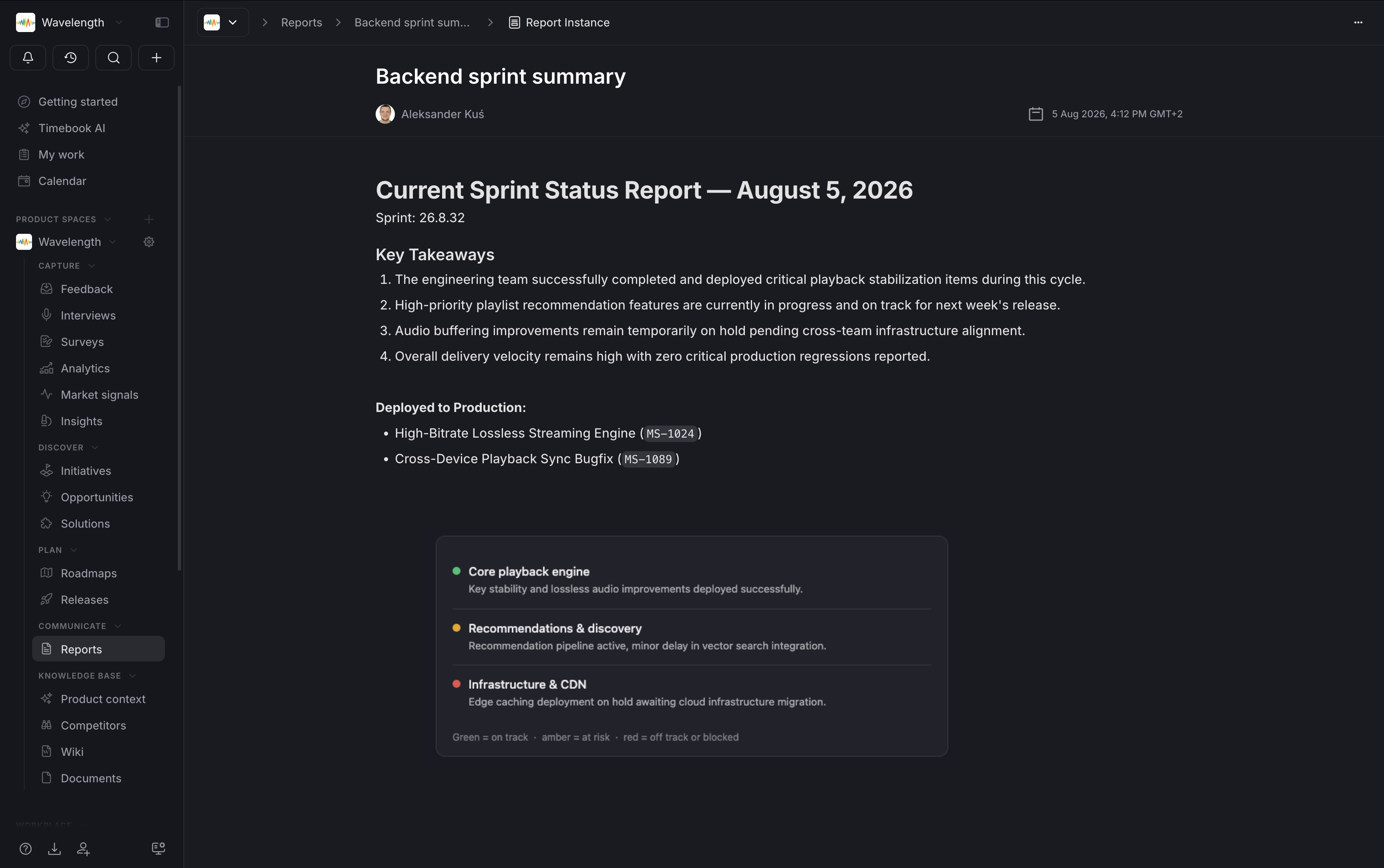 A Backend Sprint Summary report instance in Timebook titled "Current Sprint Status Report — August 5, 2026", highlighting key takeaways, work deployed to production, and a status dashboard tracking core playback, recommendations, and infrastructure performance.