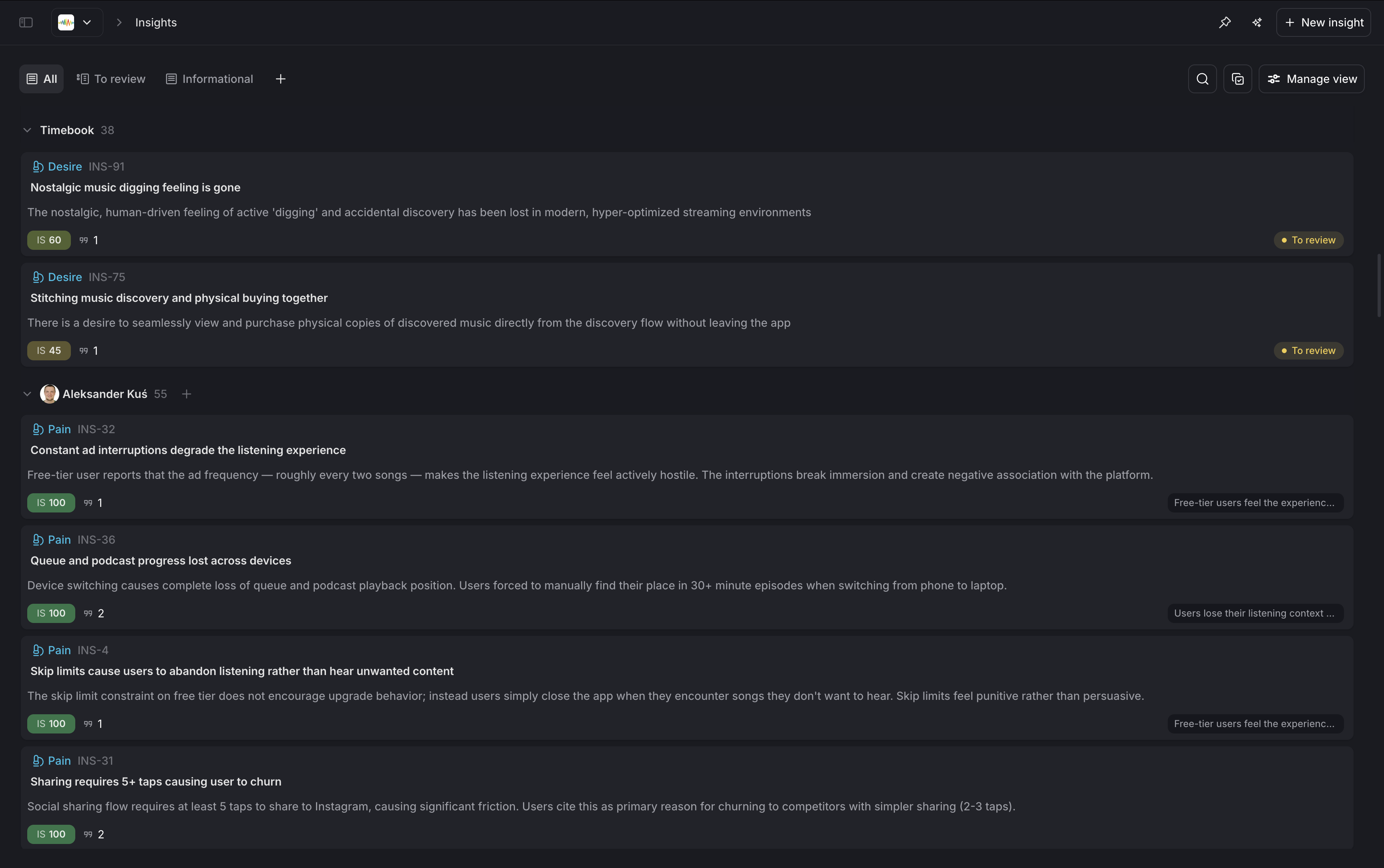 Screenshot of the Timebook interface displaying an interview details page titled "Exploring a context-driven music discovery app with Elena Castillo" (ID: INT-16, dated Aug 5, 2026). The screen is split into two panels: the left side lists extracted user insights categorized by themes such as Pain and Desire (e.g., "Streaming algorithms trap listeners in repetitive loops..."), while the right side shows the full interactive conversation transcript between Marcus Webb, Elena Castillo, and Raj Patel.