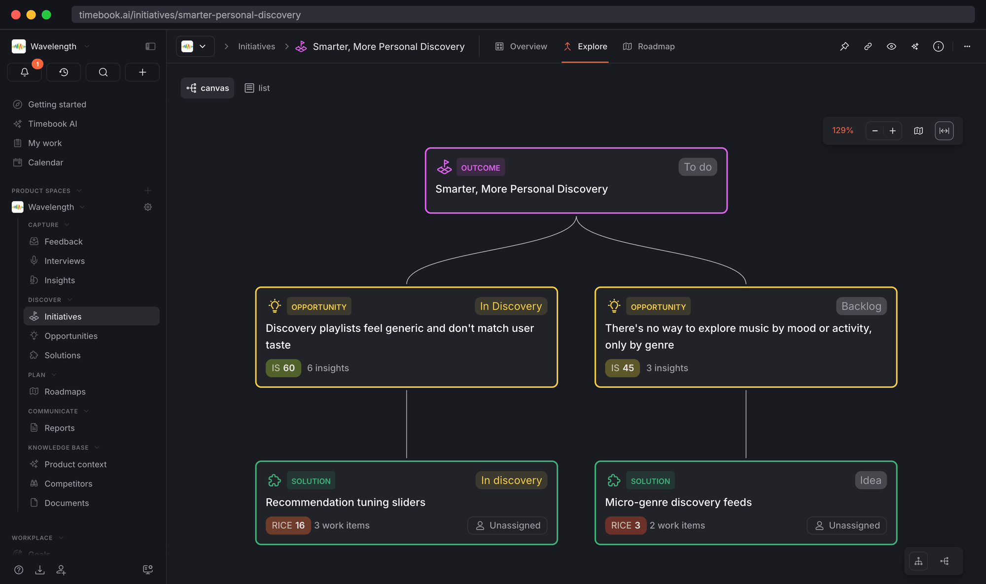 Screenshot of the Timebook Initiatives dashboard interface in dark mode, showing product initiatives organized into Kanban columns titled "To do", "In progress", and "Done". Each initiative card displays its title, target dates (e.g., Q2 2026 or date ranges), and the count of linked opportunities.