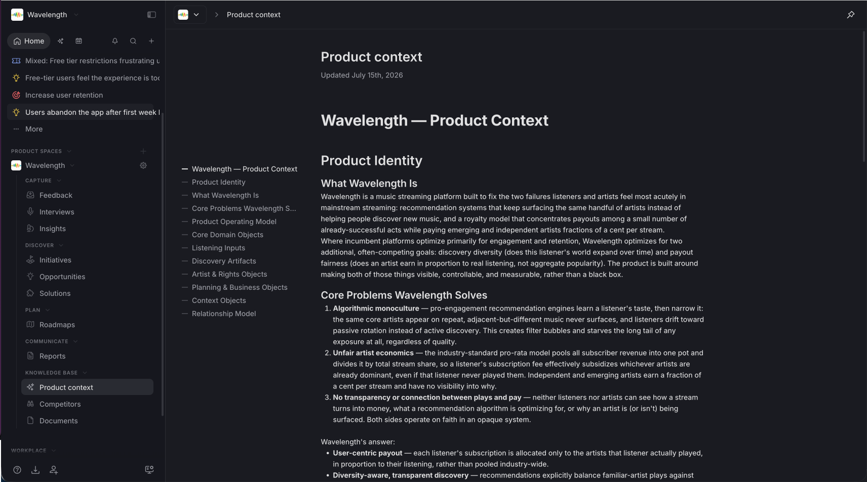 Screenshot of the Timebook Product Context document page titled "Wavelength — Product Context", featuring a structured table of contents on the left and sections detailing Product Identity, Core Problems Wavelength Solves, and operating models on the right.