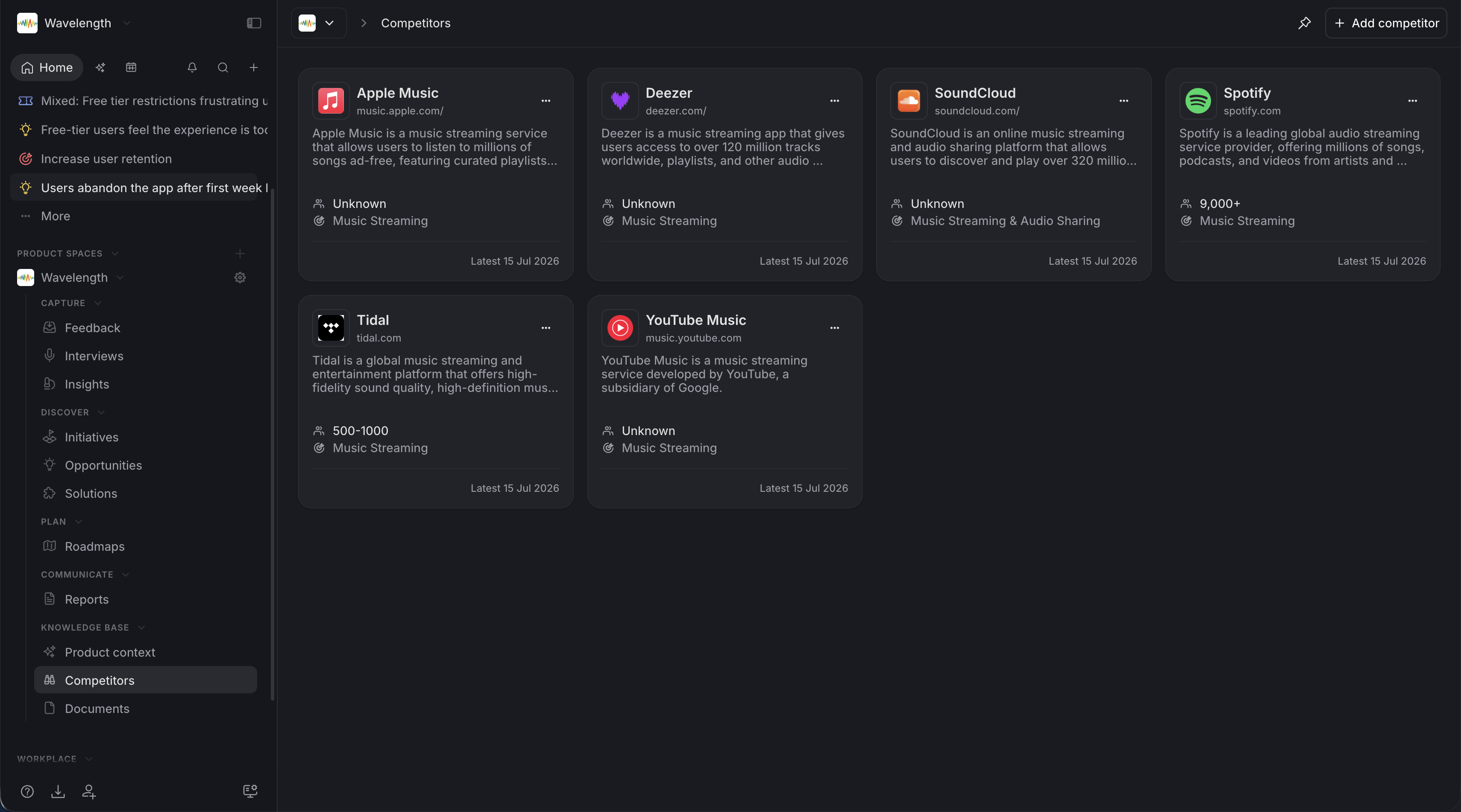 Screenshot of the Timebook Competitors page showing a grid of competitor profile cards (including Apple Music, Deezer, SoundCloud, Spotify, Tidal, and YouTube Music) detailing domain links, business descriptions, industry categories, and team sizes.
