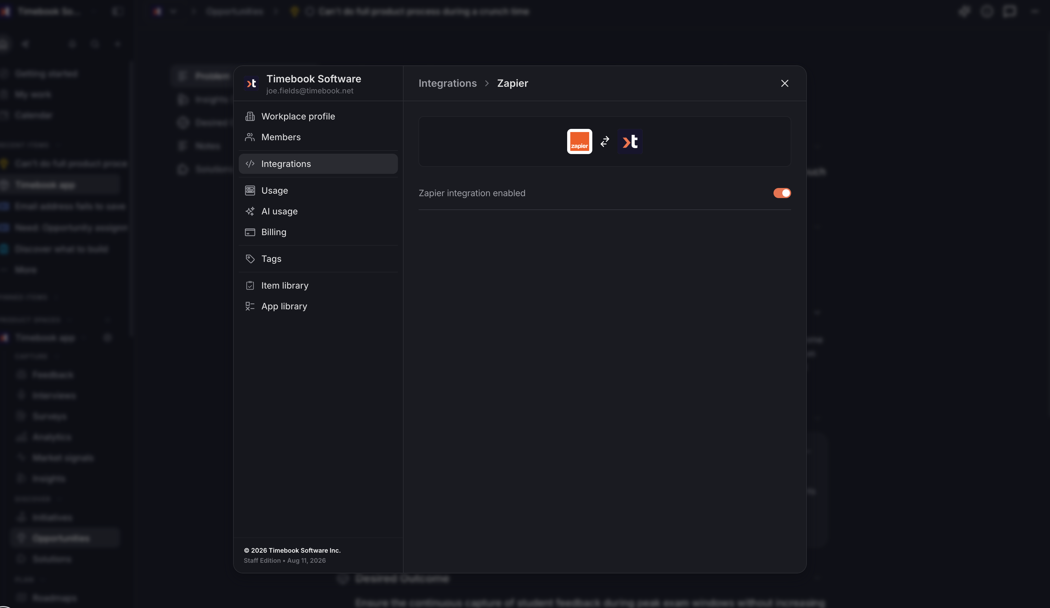 Timebook Zapier integration settings panel with the enabled toggle switched on