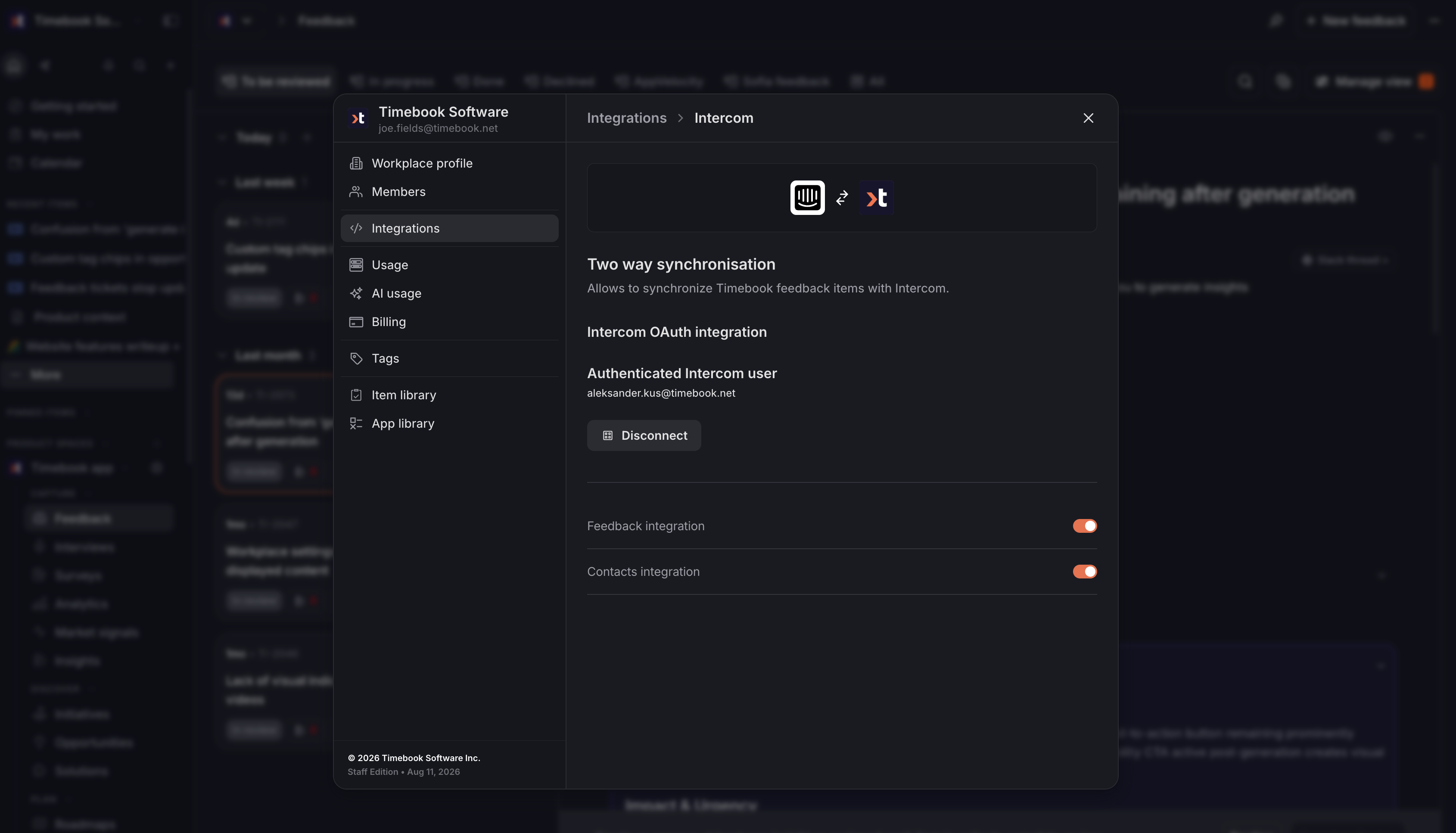 Timebook Intercom integration settings showing two-way sync with feedback and contacts toggles enabled