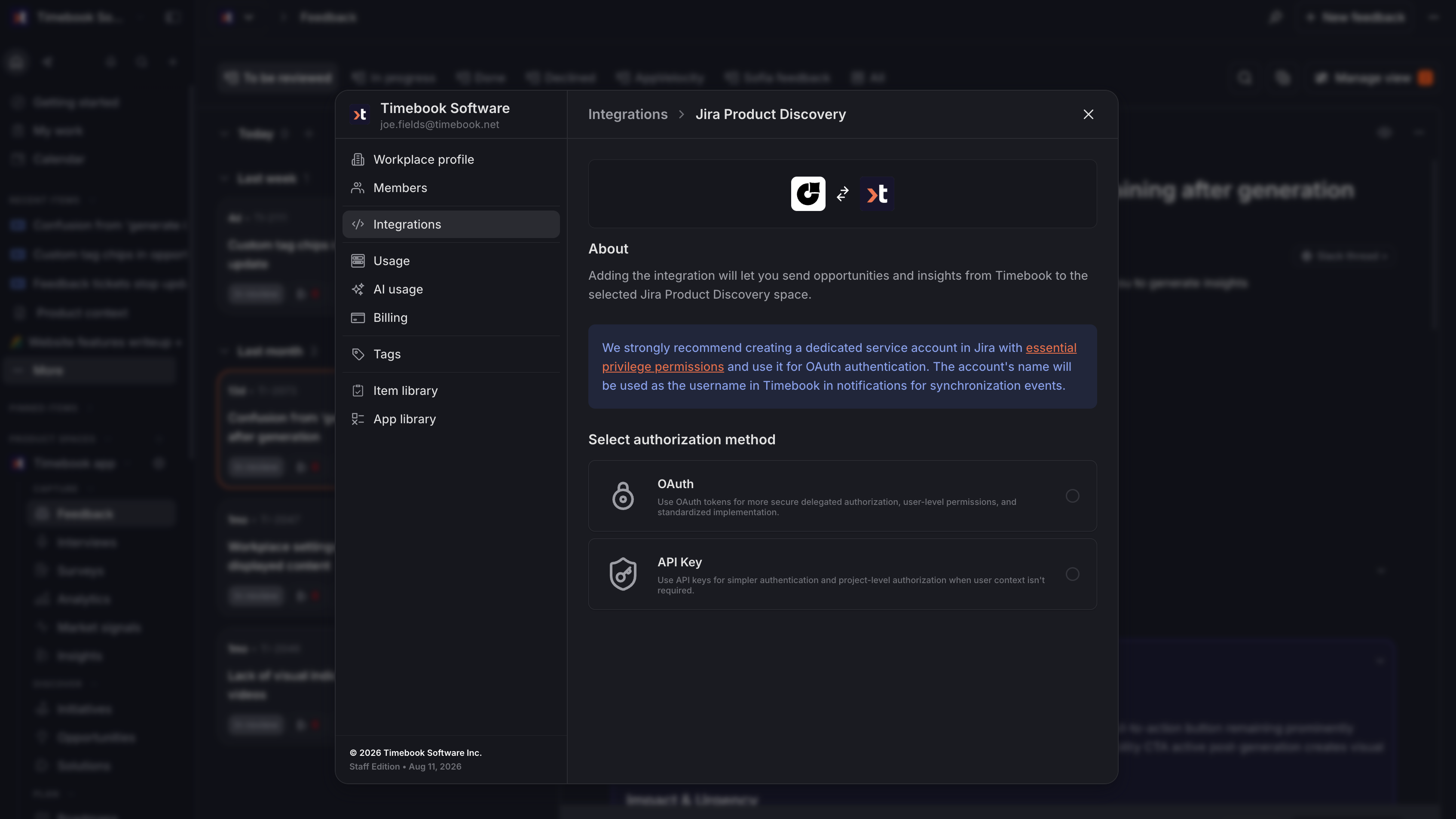 Timebook Jira Product Discovery integration setup showing OAuth and API key authorization options