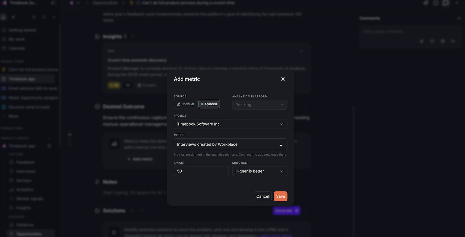 Timebook "Add metric" panel with a metric synced from PostHog, showing target and direction fields