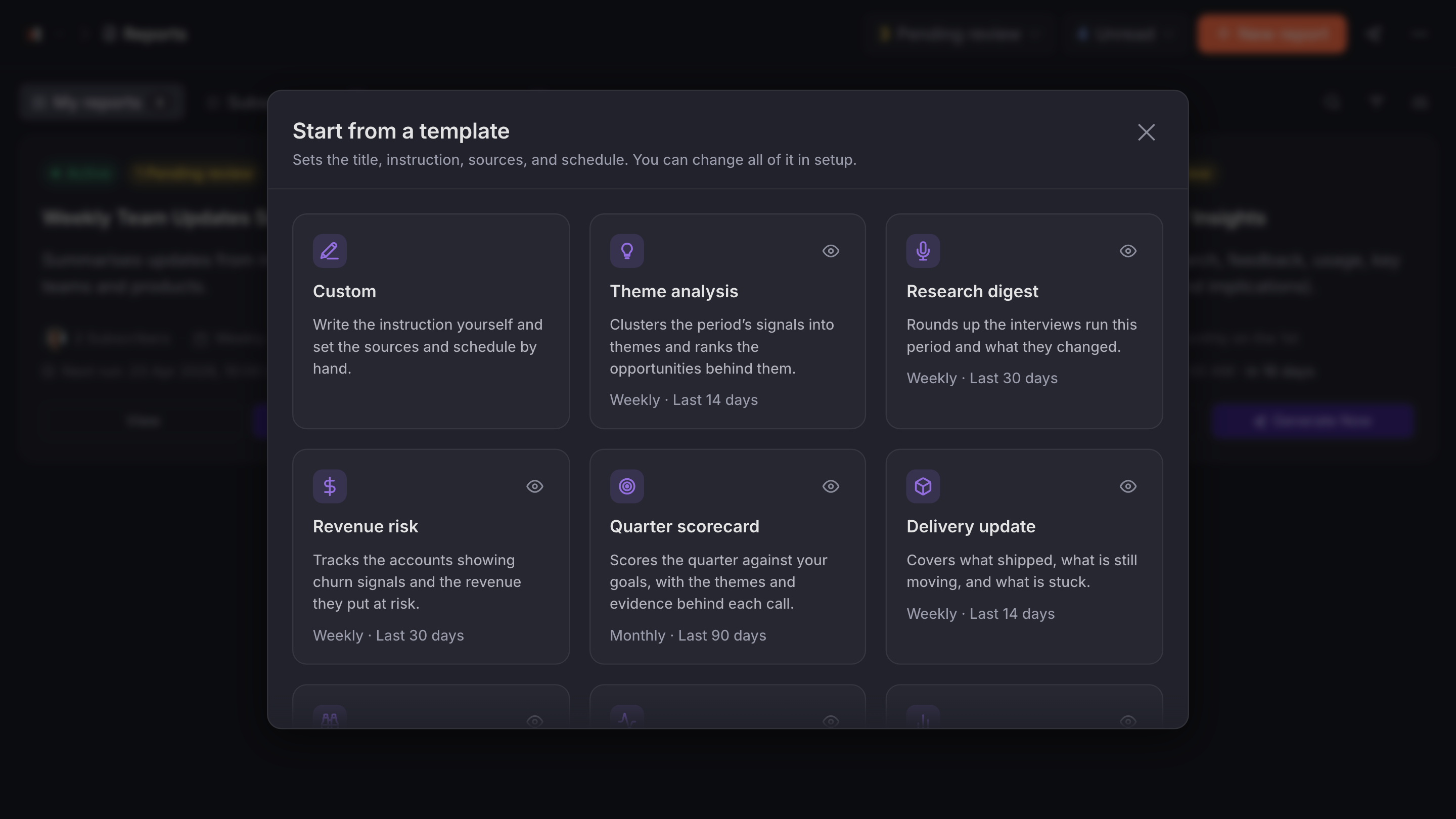 Starting a new report from a template, with a catalogue of report templates such as Theme analysis, Research digest and Quarter scorecard.