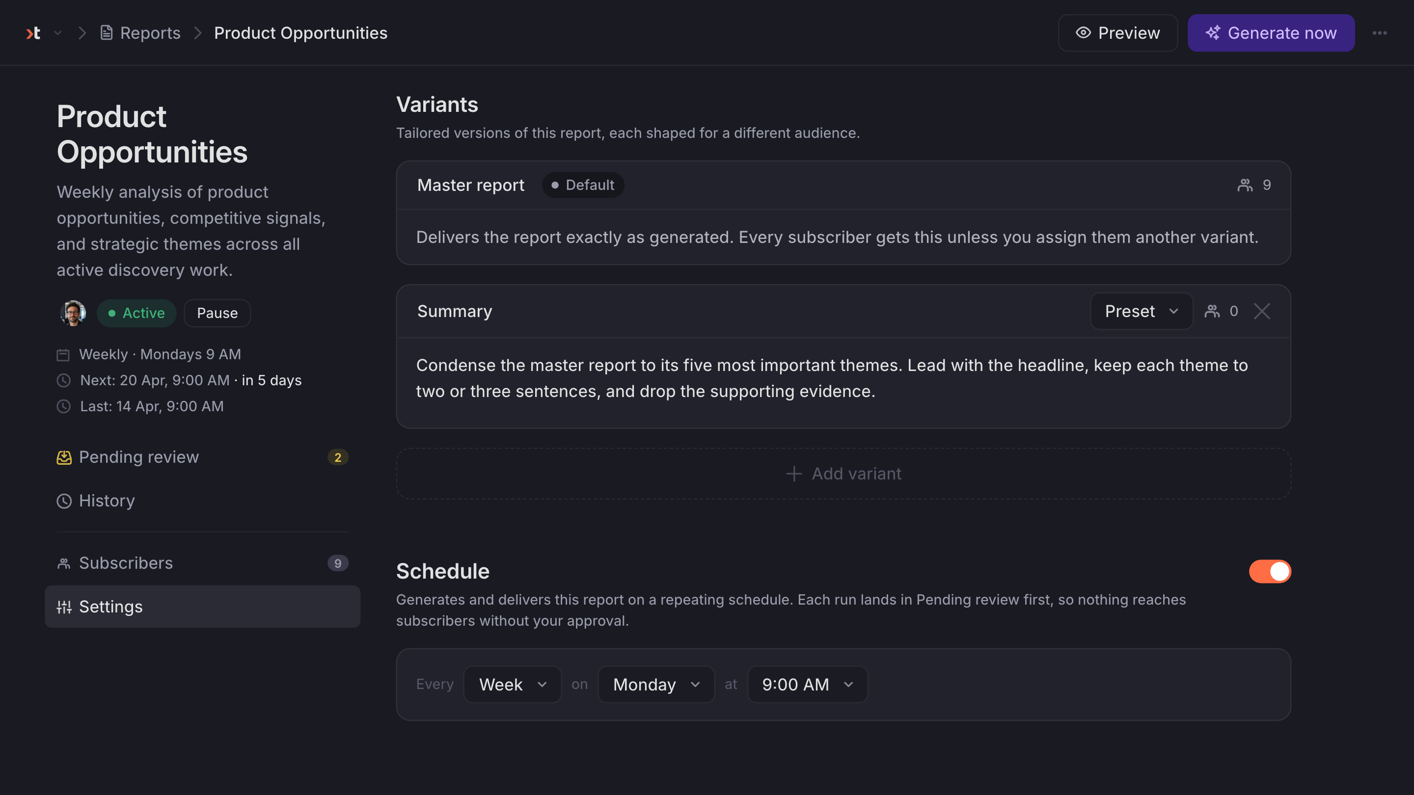 Report settings showing the Variants list: the default master report alongside a Summary variant that reshapes it for a different audience.