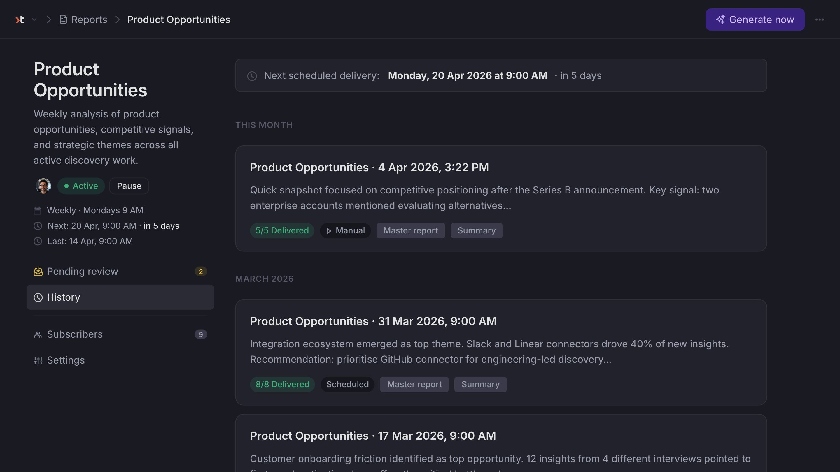 Report history showing the next scheduled delivery and previously generated instances, each with its delivery count and variants.