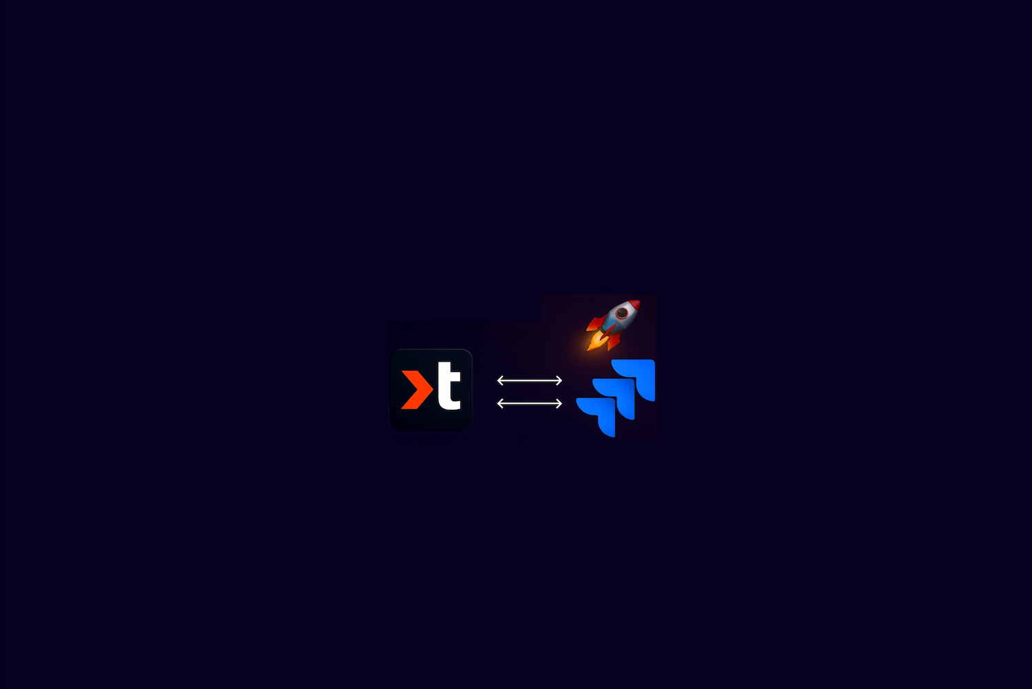 The Timebook logo and the Jira logo joined by a two-way arrow, with a rocket launching above